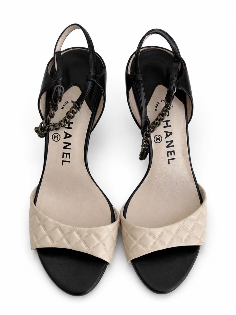 CHANEL Black and White Quilted T-Strap Heels